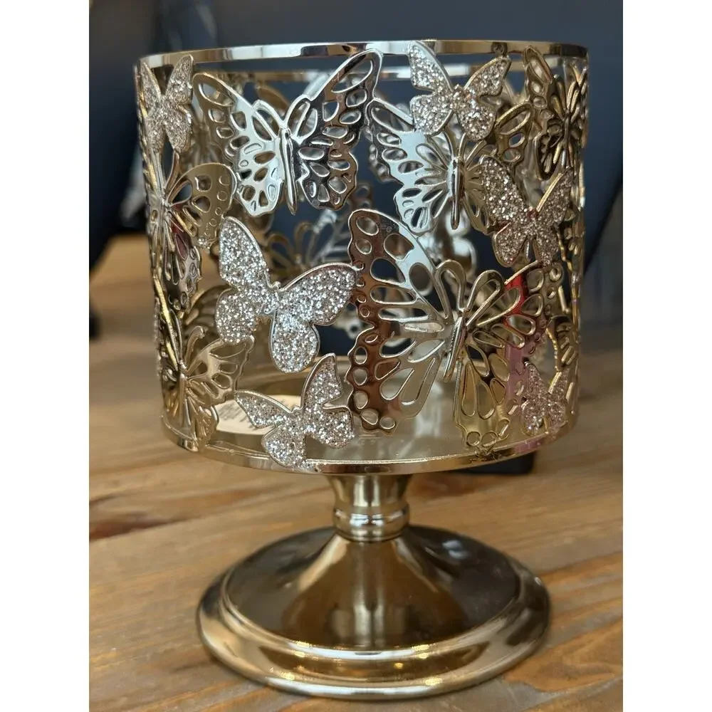 Bath & Body Works Glitter Butterfly Gold Metal Pedestal Candle Holder 3-Wick - Picture 3 of 7